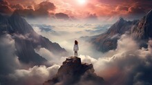  A Woman Standing On Top Of A Mountain In The Middle Of A Cloud Filled Sky With Mountains In The Background And A Bright Sun In The Middle Of The Sky.  Generative Ai