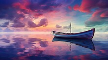  A Boat Floating On Top Of A Body Of Water Under A Sky Filled With Clouds With A Pink And Blue Sunset In The Middle Of The Middle Of The Water.  Generative Ai