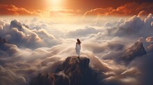  A Woman Standing On Top Of A Mountain Above A Sea Of Clouds With A Bright Sun In The Middle Of The Sky Over Which Is A Sea Of Clouds And Mountains.  Generative Ai