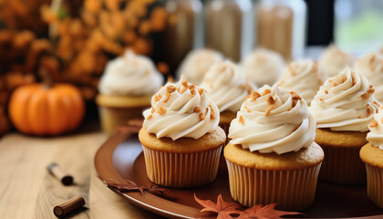 Wall Mural - Pumpkin spiced cupcakes with whipped cream and caramel sprinkles