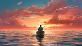 Fototapeta Dmuchawce -  a painting of a man sitting on a boat in the middle of a large body of water with a bird flying in the sky over the water and behind him.  generative ai