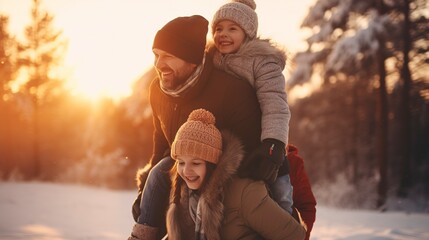 family photo in winter against sunset background