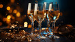 © ShkYo30 - Close-up of four stemmed glasses with sparkling liquid and gold flakes with an old clock on a table in festive mood with a shiny and sparkle blurry blue and orange background
