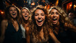 Close-up on four women faces in extreme euphoria inside a street crowd to celebrate a very happy event with night street lights in blurry background