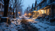 Empty damaged town street after a storm under lots of snow partly removed in the evening light with houses in north american style