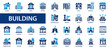 Building flat icons set. Bank, shop, office, school, hotel, church, public building icons and more signs. Flat icon collection.