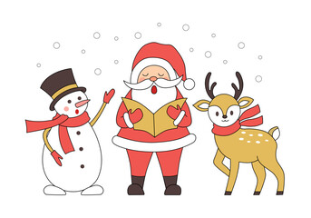 Wall Mural - Christmas card Santa Claus, reindeer and snowman. Vector illustration.