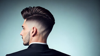 Wall Mural - Man with pompadour hairstyle on blue background - profile view