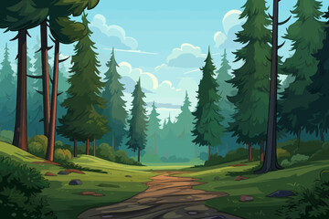 Wall Mural - forest landscape background with path and trees. vector illustration in flat style