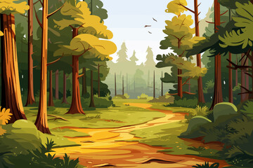 Wall Mural - forest landscape background with green trees and grass in cartoon style vector illustration