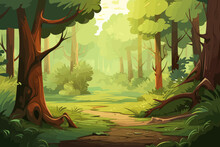 Forest Landscape Background With Path In The Middle Of The Forest Vector Illustration
