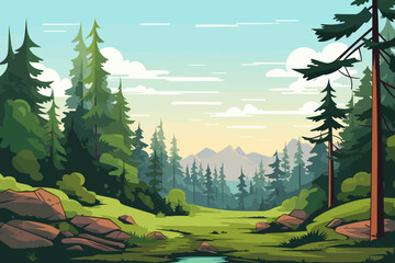 Forest landscape background with path in the middle of the forest vector illustration