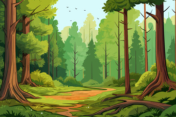 Wall Mural - forest landscape background with path in the middle of the forest vector illustration