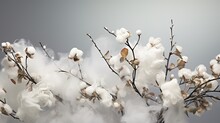  A Close Up Of A Branch With Cotton Flowers In The Foreground And A Gray Background With A White Cloud In The Middle Of The Foreground And A Gray Sky In The Background.  Generative Ai