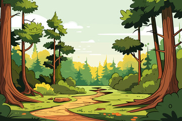 Wall Mural - forest landscape background with green trees and road. vector illustration in cartoon style