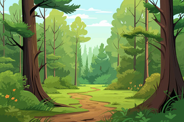 Wall Mural - forest landscape with trees and grass in cartoon style. vector illustration.