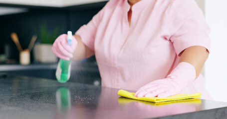 Sticker - Cleaning, woman or spray on kitchen counter with detergent, housekeeper or service for home hygiene. Hands, person and cloth in housekeeping to shine, sanitizer and disinfectant for surface in house