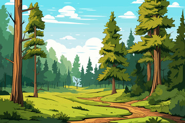 Wall Mural - forest landscape with road and trees in cartoon style. vector illustration.