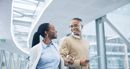 Sticker - Happy business people, walking and travel at airport for work trip, team or flight together. Businessman, woman or colleagues smile for traveling, friendship or mission in hallway or boarding gates