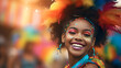 Portrait of a girl dressed in carnival clothing, located to one side of the image, with copyspace and blurred background
