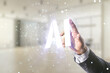 Man hand working with abstract virtual artificial Intelligence symbol hologram on blurred office background. Multiexposure