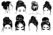 Vector Woman Hairstyle Illustration, Messy Bun Hair Line Art in various themes. Hand drawn collection. V20