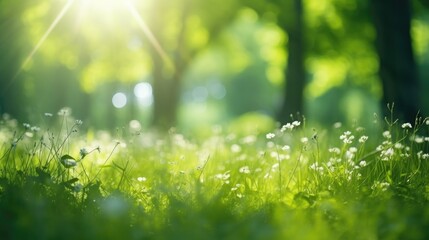 Defocused green trees in forest or park with wild grass and sun beams. Beautiful summer spring natural background.