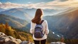 A woman stands on the mountain peak with a backpack, sees a beautiful landscape, rear view, freedom concept, generative AI 
