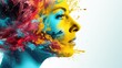  a woman's face with colorful paint splattered on her face and her hair in the shape of a multicolored woman's head, on a white background.  generative ai