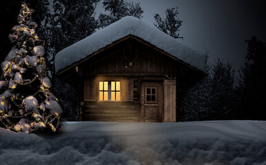 Wall Mural - Schneebedeckte Hütte in einem verschneiten Wald