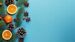  a blue background with pine cones, oranges, an orange slice, an orange slice, an orange slice, pine cones, and an oranges on a blue background with pine cones.  generative ai