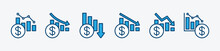 Financial Decline Graph Icon Set. Descending Financial Chart Or Graph. Decrease Money Graphic. Down Arrow, Graph, Chart And Diagram Of Finance. Vector Illustration