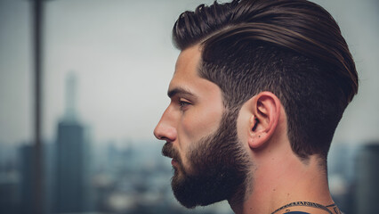 Poster - Profile of a man standing by the window with the city in background