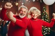 © Salsabila Ariadina - Portrait of old senior Caucasian couple holding wrapped gift presents wear red warm sweaters on christmas eve