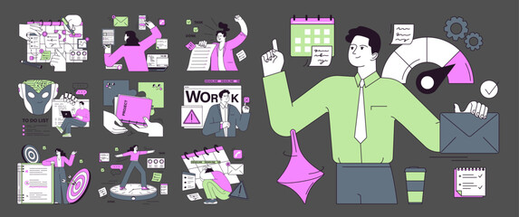 Wall Mural - Employee efficiency dark or night mode set. Business employee productive multitasking. Time management and work optimization. Effective goal-setting and work-life balance. Flat vector illustration