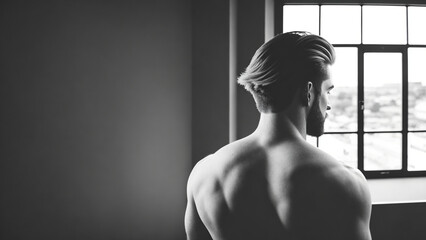 Wall Mural - Shirtless man standing by the window in black and white