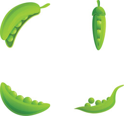Wall Mural - Green peas icons set cartoon vector. Pod of fresh green peas. Farm vegetable