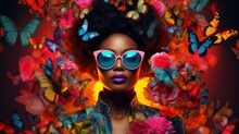 Surreal Fashion Spring Portrait Of A Beautiful Black African American Woman With Butterflies And Flowers In Her Hair. Stylish Woman With Flowers And Butterflies Around Her Head, Beauty And Make-up
