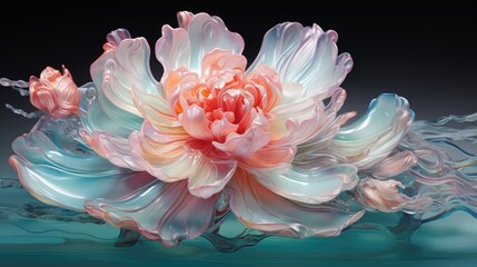  a pink and white flower floating on top of a blue and green liquid filled body of water with a black back ground and a black back ground behind the image.  generative ai