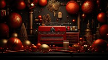 A Red Typewriter Surrounded By Christmas Ornaments And A Starburst On A Black Wall In A Room Filled With Red And Gold Ornaments And Gold Balls And A Gold Starburst.  Generative Ai