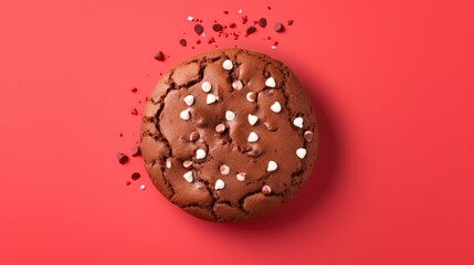 Wall Mural -  a chocolate cookie with white and red sprinkles on a pink background with a bite taken out of one of the cookies and sprinkles on the side of the cookie.  generative ai