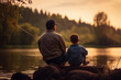 Creative photo of a father and child on a fishing trip, showcasing the tranquility of nature and shared hobbies, creativity with copy space