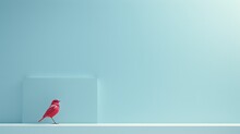  A Red Bird Sitting On Top Of A White Shelf In Front Of A Blue Wall With A White Square In The Middle Of The Room And A Light Blue Wall In The Background.  Generative Ai