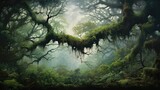 Fototapeta Las -  a painting of a forest with moss growing on the trees and moss growing on the branches of the trees and moss growing on the branches of the branches of the trees.  generative ai