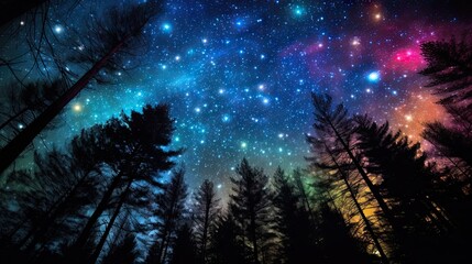 Wall Mural -  the night sky is filled with stars and the trees are silhouetted against the backdrop of the stars and the trees are silhouetted against the backdrop of the night sky.  generative ai