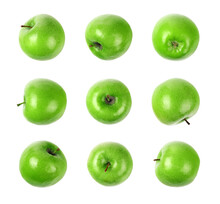 Set Of Green Ripe Apples. Granny Smith Apples. Isolated On Transparent Background. Top View. Png.