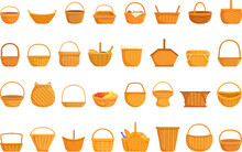 Wicker Basket Icons Set Cartoon Vector. Picnic Snack Wicker. Meal Party