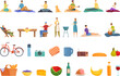 Picnic in city park icons set cartoon vector. Served dinner lawn. Radio park city