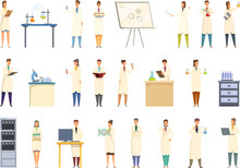 Student In University Laboratory Icons Set Cartoon Vector. Boy Experiment. Lab Invention
