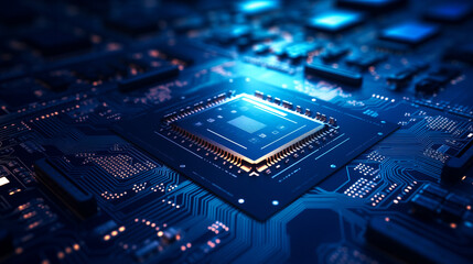 Concept CPU microchip for ai and data network. Close-up view of modern chip gpu card with circuit blue neon lights